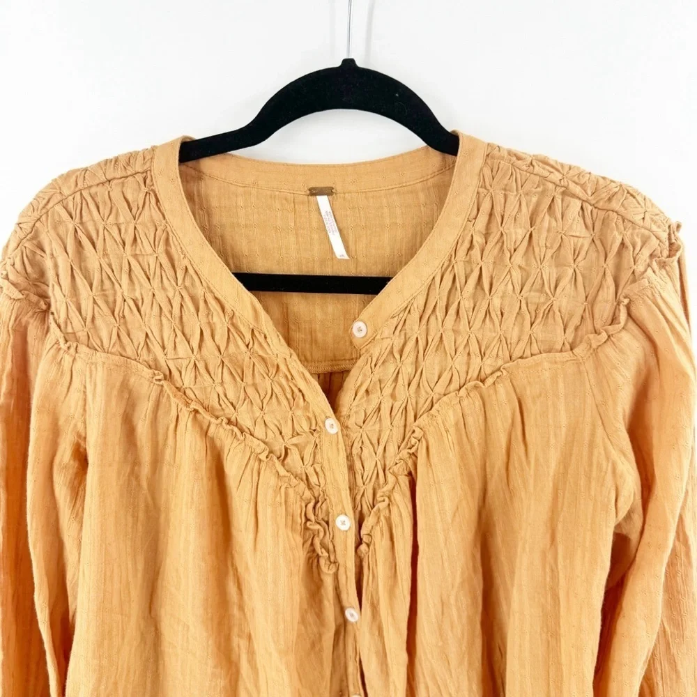 ✅ FREE PEOPLE Marigold Button Down Top SIZE X-SMALL OVERSIZED‎ LONG SLEEVE